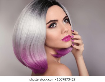 Ombre Hairstyle. Beauty Makeup And Manicure Nails. Colored Blonde Bob Short Hair Style. Portrait Of Glamour Woman With Purple Lipstick And Polish Nail.