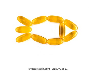 Omega 3. Oily Fish, In Capsules, On A White Background. Healthy Food. Vitamin D, E, Fish Oil Capsules.