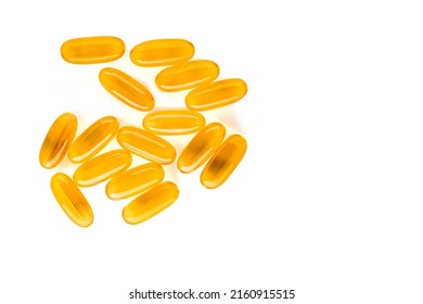 Omega 3. Oily Fish, In Capsules, On A White Background. Healthy Food. Vitamin D, E, Fish Oil Capsules.