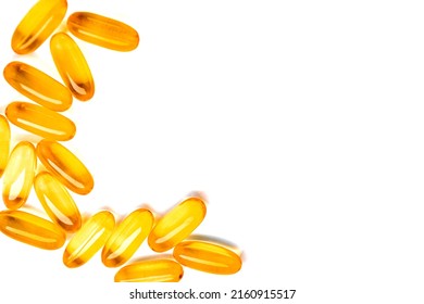 Omega 3. Oily Fish, In Capsules, On A White Background. Healthy Food. Vitamin D, E, Fish Oil Capsules.