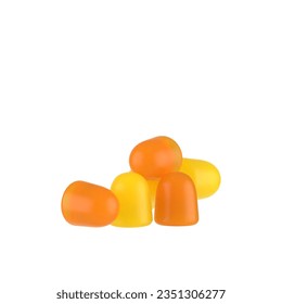 Omega drop shape gummies pile isolated on floor, closeup shot gummy orange lemon yellow gummies