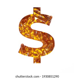 Omega Supplement. Dollar Money Sign Made Of Fish Oil Pills And Cut Paper Isolated On White. Golden Capsules For Health