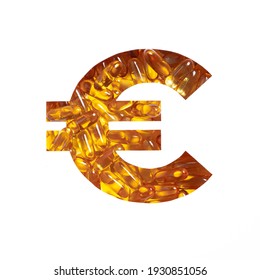 Omega Supplement. Euros Money Sign Made Of Fish Oil Pills And Cut Paper Isolated On White. Golden Capsules For Wellbeing