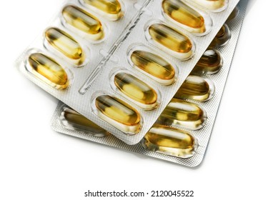 Omega3 Capsules In Blister Pack, Closeup Isolated On White Background.