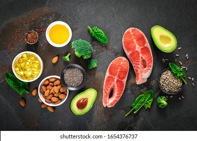 Omega-3 Fats. Salmon Fish And Vegetarian Sources Of Unsaturated Fatty Acids. Healthy Food Concept For Good Health. Top View