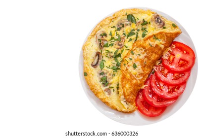 Omelet with mushrooms and cheese. top view. isolated on white