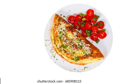 Omelette With Cheese And Salad In A Plate. Top View. Isolated On White