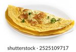 omelette or omelet is a dish made from eggs, in a frying pan filled with chives, vegetables, mushrooms, meat (often ham or bacon) cheese, onions, tomato usually served with potato or hash browns