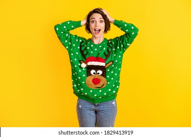 Omg Masquerade Theme Party 2021. Astonished Crazy Girl In Deer Decor Sweater Impressed X-mas Christmas News Touch Hands Head Wear Denim Jeans Isolated Bright Shine Color Background