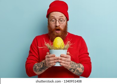 Omg, what big egg I found. Photo of astonished bearded Caucasian man stares at yellow big Easter egg, tells story to child about bunny in garden, dressed in red clothing, stads over blue background. - Powered by Shutterstock