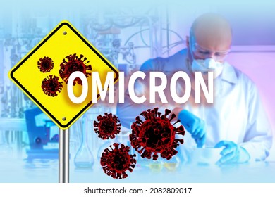 Variante des Omicron-Coronavirus. Omicron Covid-19 Variante des Coronavirus. Mutationen des Coronavirus SARS-CoV-2. Neuer Stamm von Kabeljau. Mutatiertes Virus aus Südafrika. Virusmoleküle und Omicron-Label.