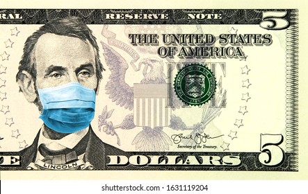 Omicron COVID Coronavirus vs Finance. Quarantine and global recession. 5 American dollar banknote with a face mask against infection. Global economy hit by corona virus pandemic. Montage. Concept