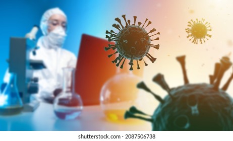 Omicron Laboratory. Virologist Is Investigating COVID-19. Concept For Development Of Vaccine Against SARS-CoV-2. Omicron Delta Variant Research. Blurred Scientist Next To COVID Molecules