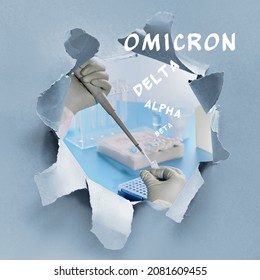 Omicron, New Coronavirus Variant Of Concern. Paper Hole With Image Of Scientist Making Sequencing Reaction To Identify Corona Virus Variants In Population.