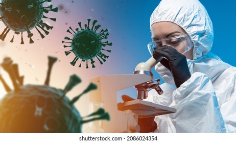 Omicron Virus Research. Virologist With Microscope. COVID-19 Bacteria In Foreground. Coronavirus Delta Plus Variant. Omicron Vaccine Search Concept. Investigation Of Mutated COVID-19.