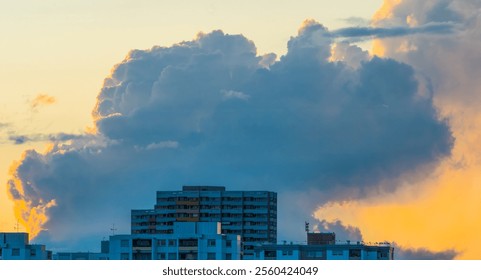 Ominous cloud like explosion over city buildings