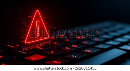 An ominous red warning triangle glows ominously above a dark keyboard, suggesting a serious security breach and potential data compromise. Highlighting cybersecurity risks.