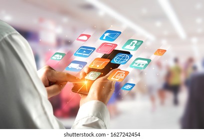 Omni channel technology of online retail business. Multichannel marketing on social media network platform offer service of internet payment channel, online retail shopping and omni digital app.