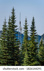 Omni Communications Antenna On A Small Tower Camouflaged In Evergreen Trees, Mountain Ridge And Sky In Background
