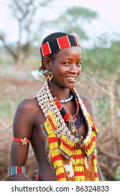 OMO VALLEY, ETHIOPIA - AUG 15: Unidentified Hamer Woman In The Village, The Ethnic Groups In The Omo Valley Could Disappear Because Of Gibe III Hydroelectric Dam On Aug 15, 2011 In Omo Valley, Ethiopia.