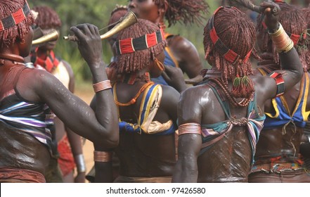 In The Omo Valley Of Ethiopia, Women Of The Hamer Tribe Dance At A Local Wedding