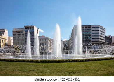 Omonoia Square, New Water Fountain In Athens, Greece. Omonia Is A Round Plaza In The City Center, Sunny Day, Blue Sky.