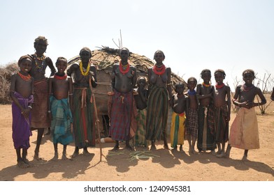 Omorate, Ethiopia - January, 01, 2016: Daasanach tribe children in their village
