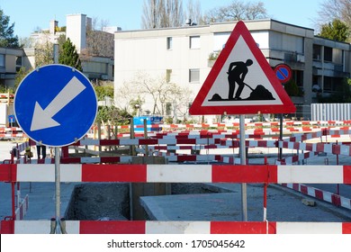 Omplex Civil Engineering Construction Site With Road Or Traffic Sign Signaling Work On The Road And Mandatory Direction.
