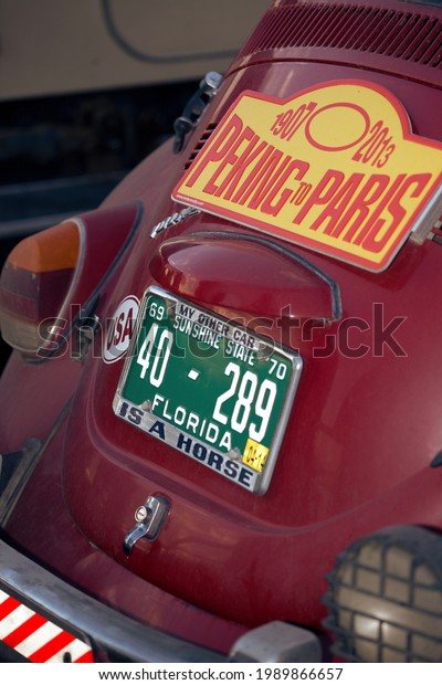 Omsk city, Russia -\
june 11, 2013: Stage of Peking to Paris Motor Challenge - 1970\
Volkswagen Beetle closeup rear end details view. Vintage license\
plate and rear lights
