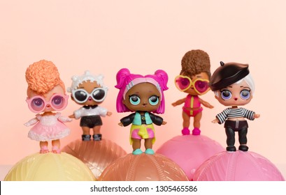 Omsk, Russia - February 03, 2019: Five Lol surprise dolls on balls, Lil Outrageous Littles serious toys presents by MGA Entertainment