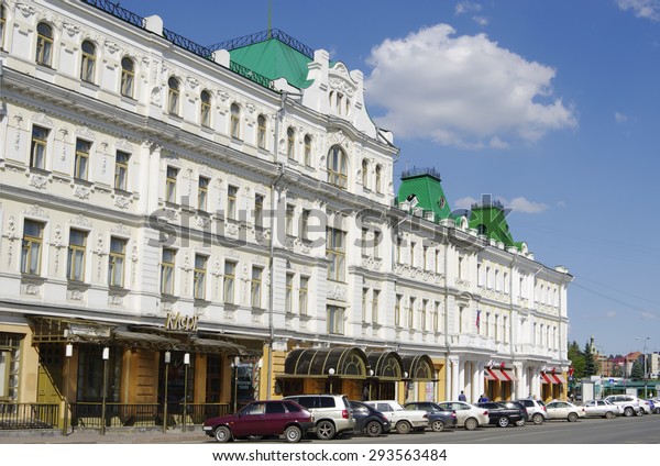 OMSK, RUSSIA - JUNE 12, 2015: View of building\
Organ and chamber music hall - part of  architectural complex\
(hotel complex, owned by  merchant Terekhov),\
   construction of\
which began in 1906 year.