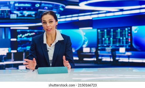 On Air TV Live News Program With Professional Female Presenter Reporting Event Of The Day. Television Cable Channel Anchorwoman Talks. Mock-up Network Broadcasting Playback In Newsroom Studio