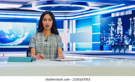 On Air TV Live News Program With Professional Female Presenter Reporting Event Of The Day. Television Cable Channel Anchorwoman Talks. Mock-up Network Broadcasting Playback In Newsroom Studio