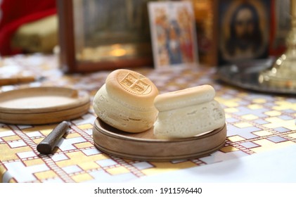 On The Altar Of The Orthodox Church Is Laid The Liturgical Liturgical Bread 