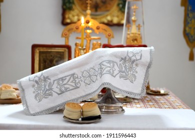 On The Altar Of The Orthodox Church Is Laid The Liturgical Liturgical Bread 