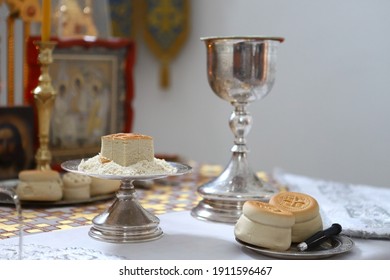 On The Altar Of The Orthodox Church Is Laid The Liturgical Liturgical Bread 