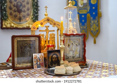 On The Altar Of The Orthodox Church Is Laid The Liturgical Liturgical Bread 