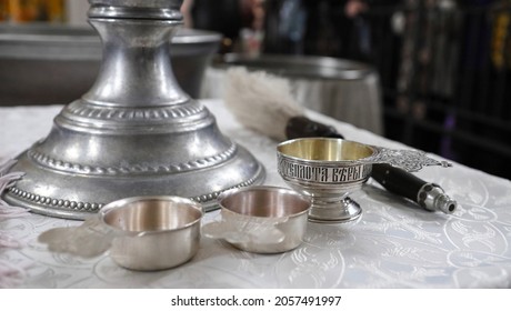 On The Altar Of The Orthodox Church There Is A Bowl With Holy Water With The Inscription 