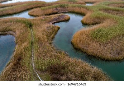 On April 6, 2020, aerial photo of reed maze in Baima Lake Wetland Park, Huai'an City, Jiangsu Province, China.