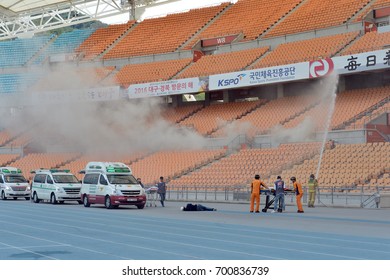 On August 22, 2016, The South Korean Military And Police Officers And Firefighters Conducted The UIchi Focus Lens Exercise At The Daegu World Cup Stadium In Daegu, South Korea.
