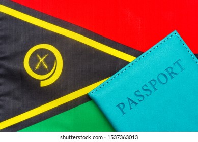 On The Background Of The Flag Of Vanuatu Is A Passport. The Concept Of Travel And Tourism.