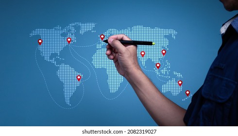 On the background is a world map with logistic network spread. Fast or instant shipment, online goods orders are all examples of logistical and transportation concepts.