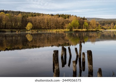 On the bank of misty, morning lake. Beautiful panoramic view from Rudawa, Poland. Spring sunrise in Orlicke mountains.  - Powered by Shutterstock