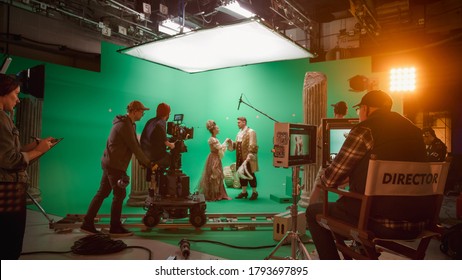 On Big Film Studio Professional Crew Shooting History Costume Drama Movie. On Set: Director Controls Cameraman Shooting Green Screen Scene with Two Actors Talented Wearing Renaissance Clothes Talking - Shutterstock ID 1793697895