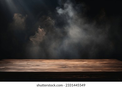 On a black background, an empty wooden table with smoke floats up. Empty space for displaying your products, with a smoke float up on a dark background. Space available for displaying your products. - Shutterstock ID 2331445549