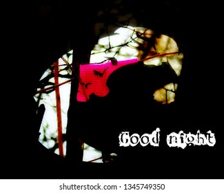 On A Black Background, The Image Of The Month In A Cap From A Fairy Tale And The Inscription Of Good Night. Processed Photo Poster Created From Two Photos. Something Related To Sleep Abstraction.