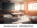 On the blurred background of the empty classroom