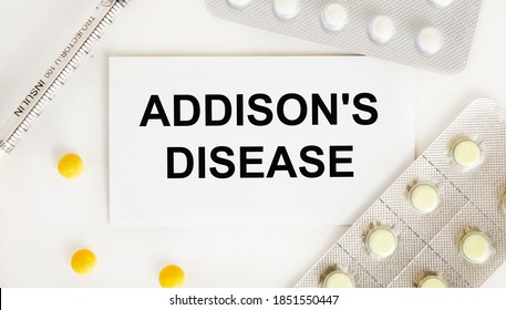 On the card is the text of ADDISON'S DISEASE, next to blisters with tablets and a syringe.