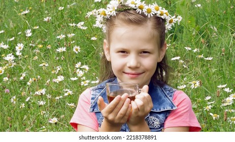 On A Chamomile Lawn, A Sweet Girl In A Wreath Of Daisies, Smiling, Pressing Her Hands To Her Cheeks. High Quality Photo