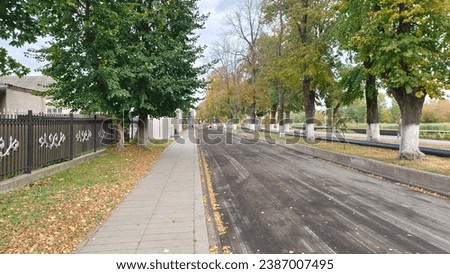 On a city street, the roadway is being repaired, utilities and asphalt pavement are being replaced. Nearby buildings, metal fence, trees, bicycle lane and tile sidewalk.  Autumn weather